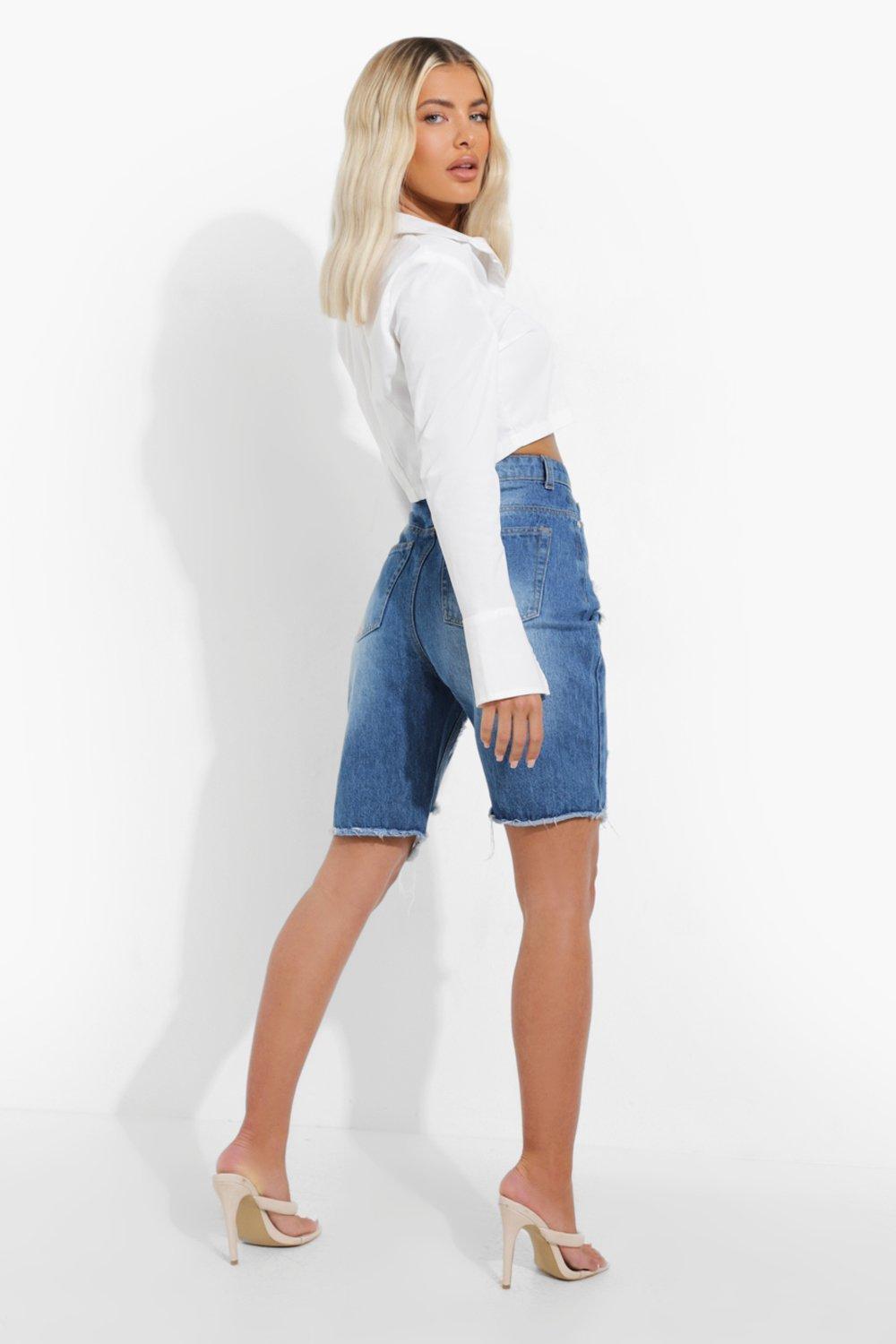 High Rise Denim Cycling Shorts With Rips boohoo NZ